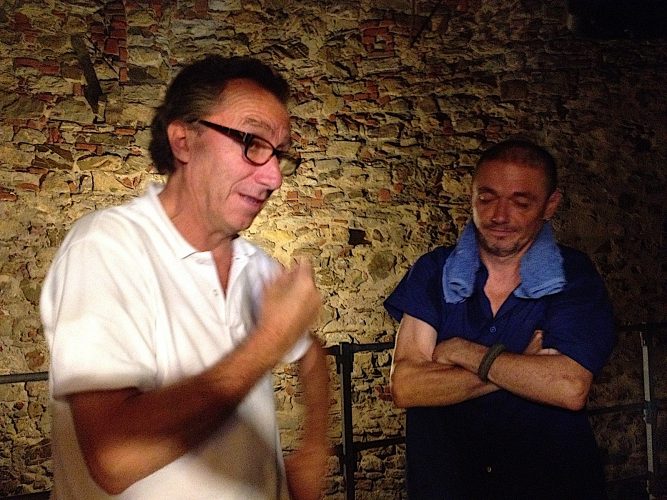 Stefano Cavallini e Andrea Monticelli del Teatro del Drago, dopo uno spettacolo al Teatrino del Sole di Piombino 24 luglio 2014